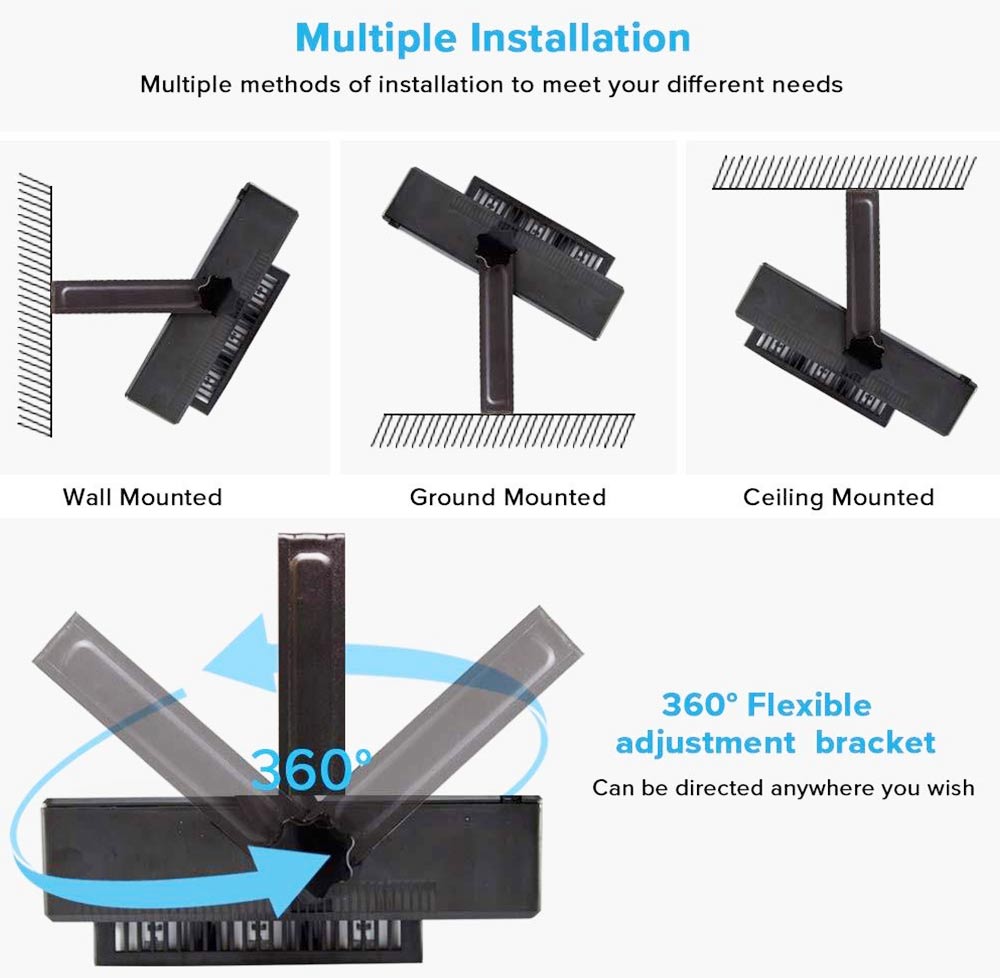 360° Flexible Adjustment:You can change the light’s direction by adjusting the screw knobs and stainless steel U bracket of the floodlight. The expansion bolts can help you easily install the light for wall mounting, pedestal mounting, ceiling mounting, etc.