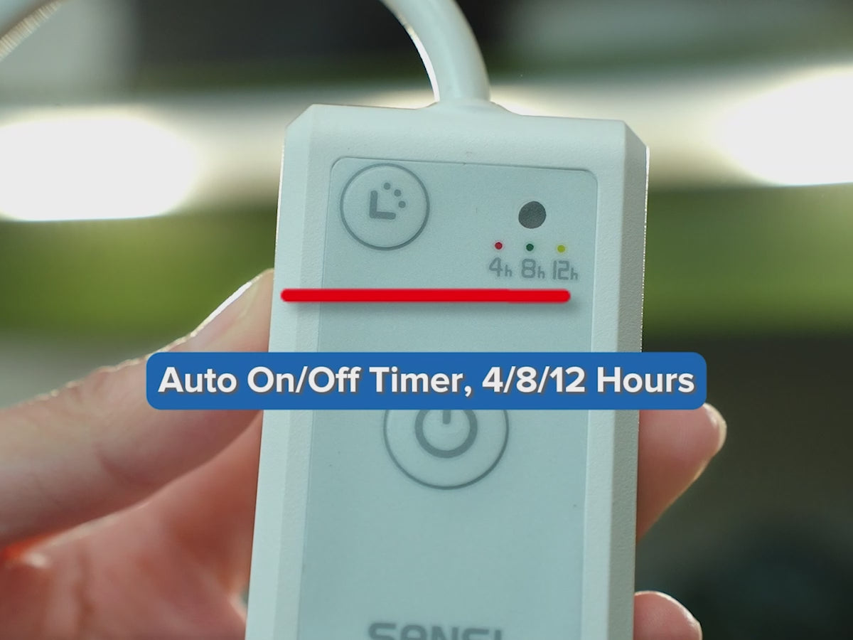 Video laden: <p>Built-in timer with 3 modes cycle timing function which stays on for 4/8/12 hours and off for 21/18/12 hours and offer 4 level brightness settings to different plants requirements ranging from 25%, 50%, 75% to 100%.</p>