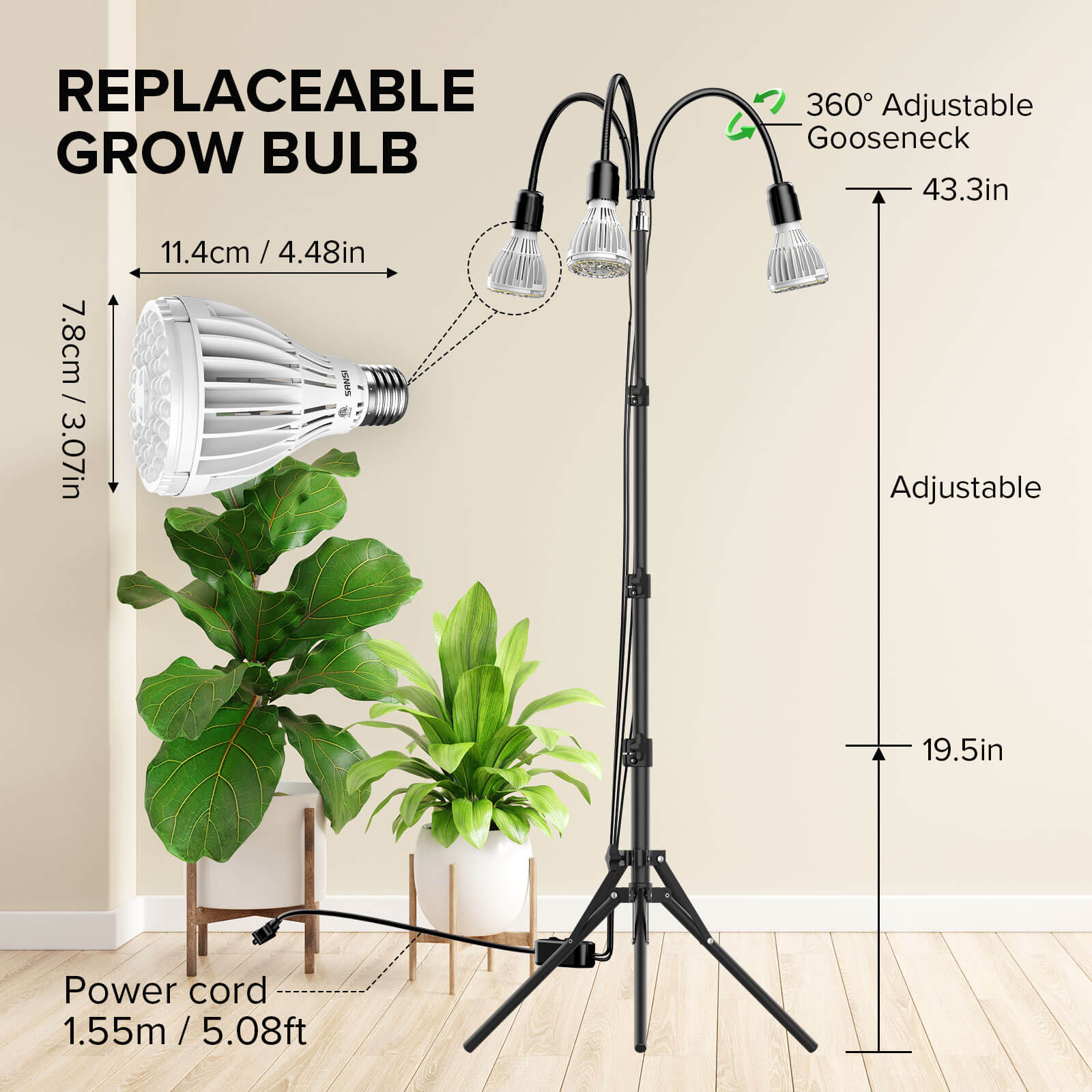 the grow bulb is replaceable, power cord 5.08ft