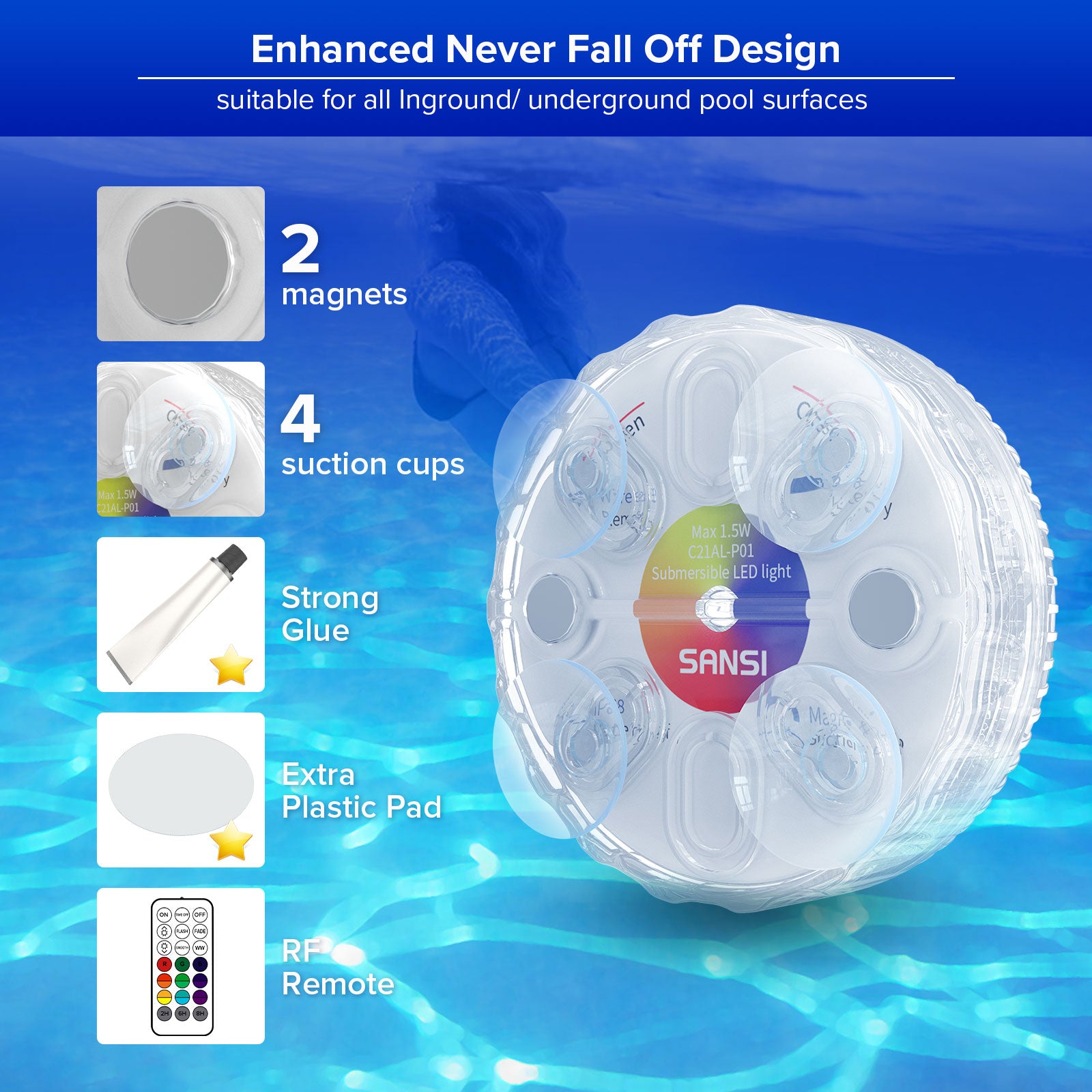 Upgraded RGB LED Submersible Pool Light (US ONLY) has enhanced never fall off design，suitable for all Inground/ underground pool surfaces.