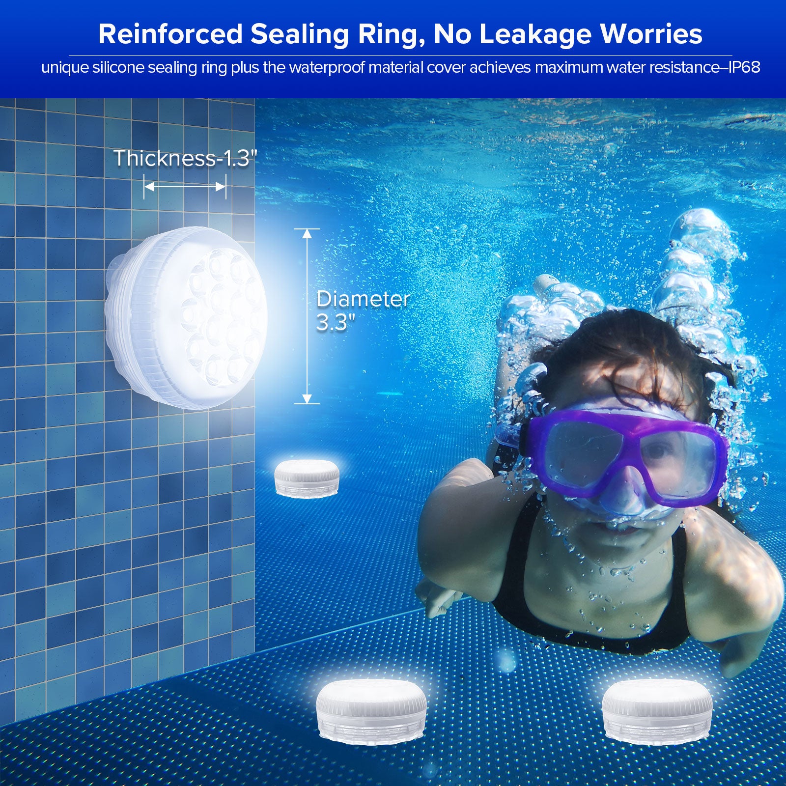 Upgraded RGB LED Submersible Pool Light (US ONLY) has reinforced sealing ring, no leakage worries,unique slicone sealing ring plus the waterproof materlal cover achieves maxlmum water resistance-IP68.
