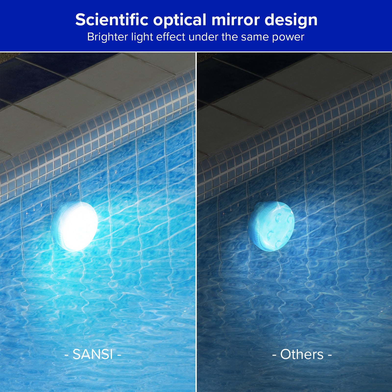 RGB LED Submersible Pool Light (US ONLY) has scientific optical mirror design.Brighter light effect under the same power.
