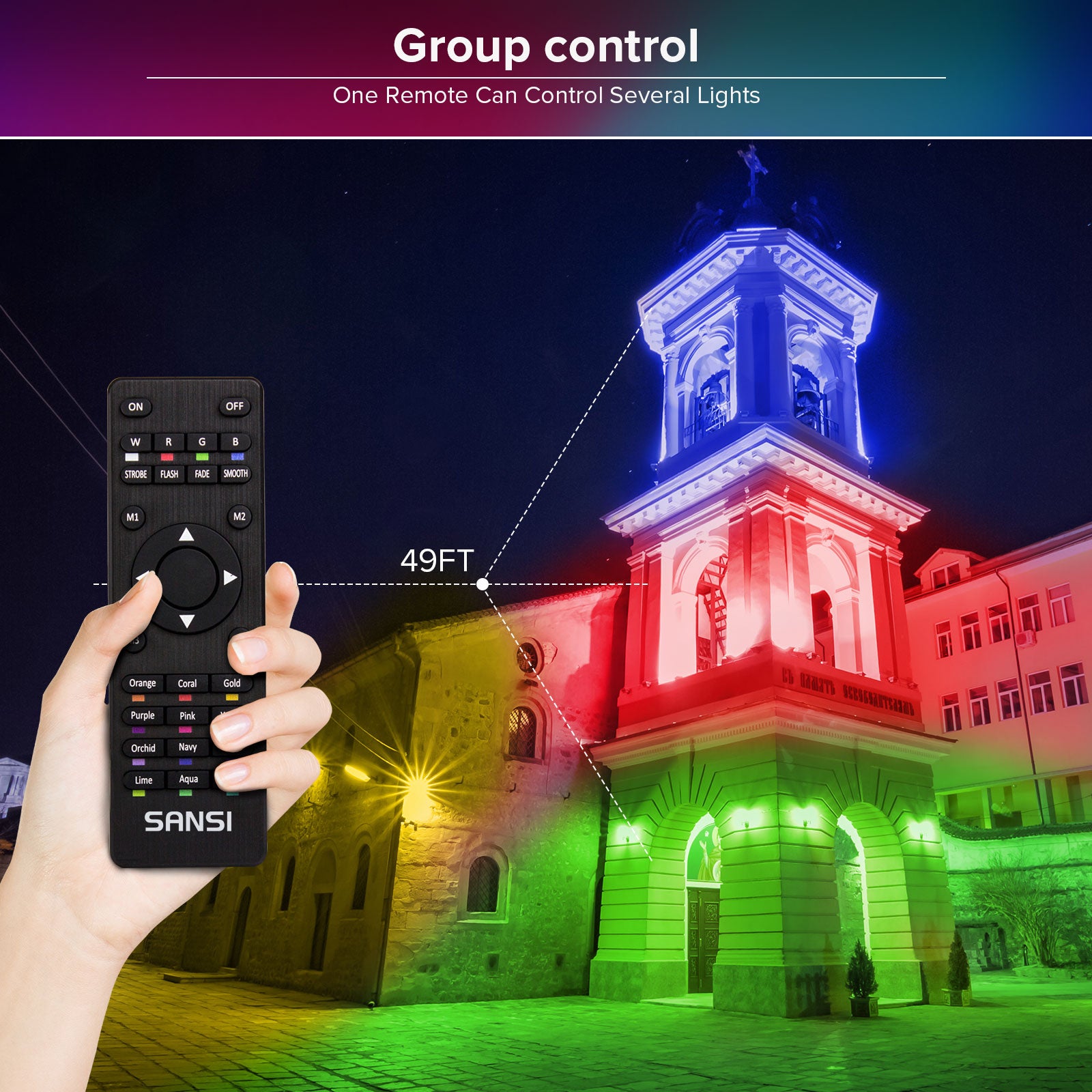 Upgraded 50W RGB LED Flood Light (US ONLY) has group control function，one remote can control several lights.