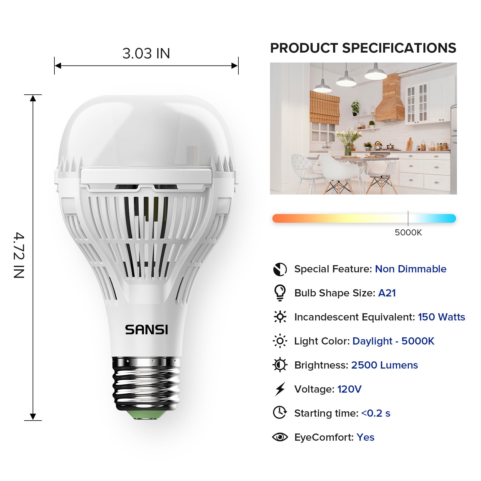 Upgraded A21 18W led light bulb, non dimmable, 150W equivalent, 5000K daylight, 25000 lumens, eyecomfort
