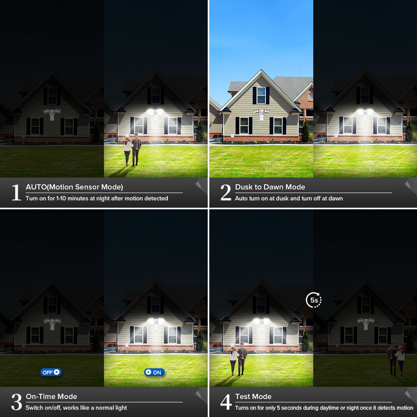 Upgraded 28W LED Security Light (Dusk to Dawn & Motion Sensor) has 4 modes, auto mode, dusk to dawn mode, on-time mode and test mode