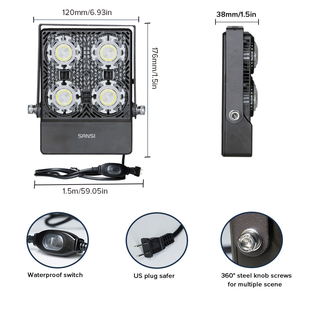 Size information and plug information for 30W LED Flood Light (US ONLY).