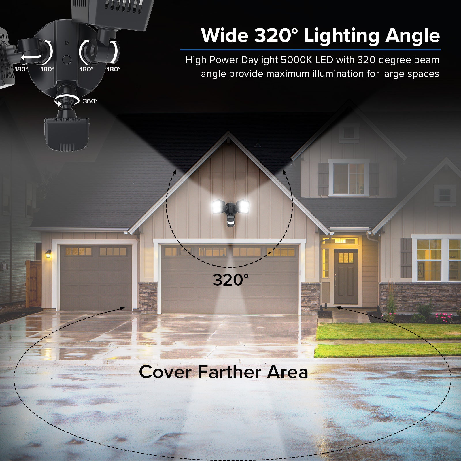 Square 36W LED Security Light (Dusk to Dawn & Motion Sensor) with high power 5000K led with 320 degree beam angle provide maximum illumination for large spaces