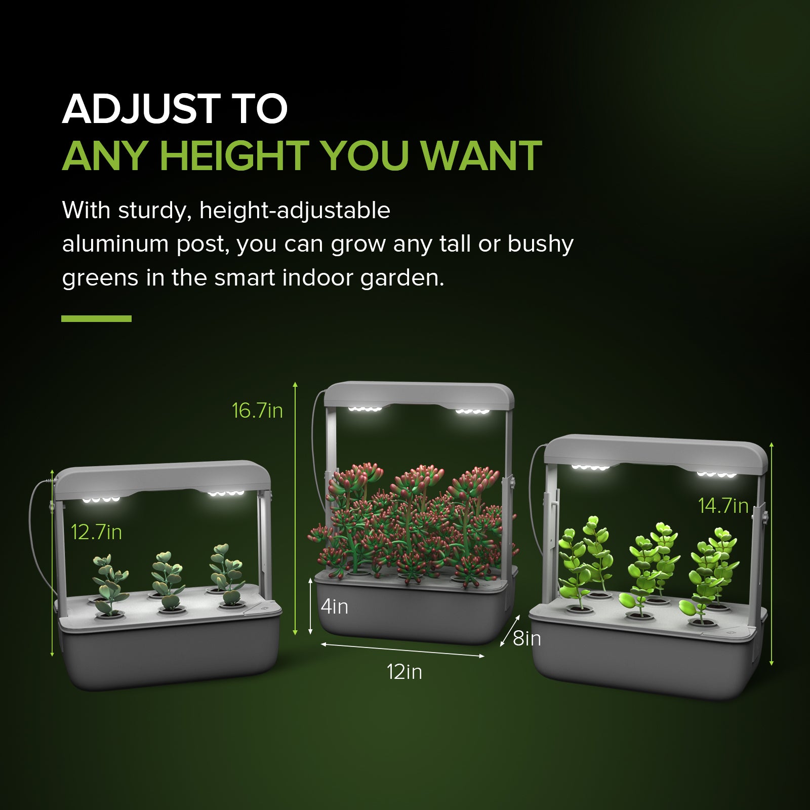 Hydroponics Growing System(US ONLY) can be adjusted to any height you want,With sturdy, height-adjustablealuminum post, you can grow any tall or bushygreens in the smart indoor garden.