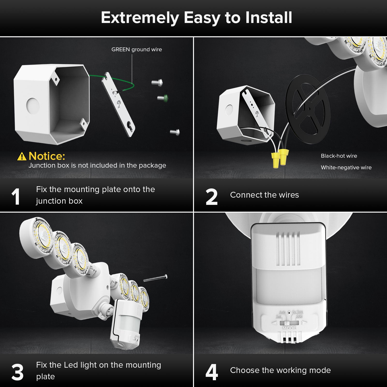 45W LED Security Light (Dusk to Dawn & Motion Sensor) is extremely easy to install