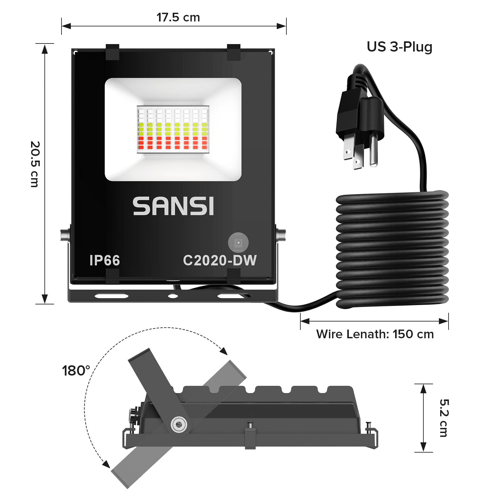 Size information and plug information for Upgraded 50W RGB LED Flood Light (US ONLY).