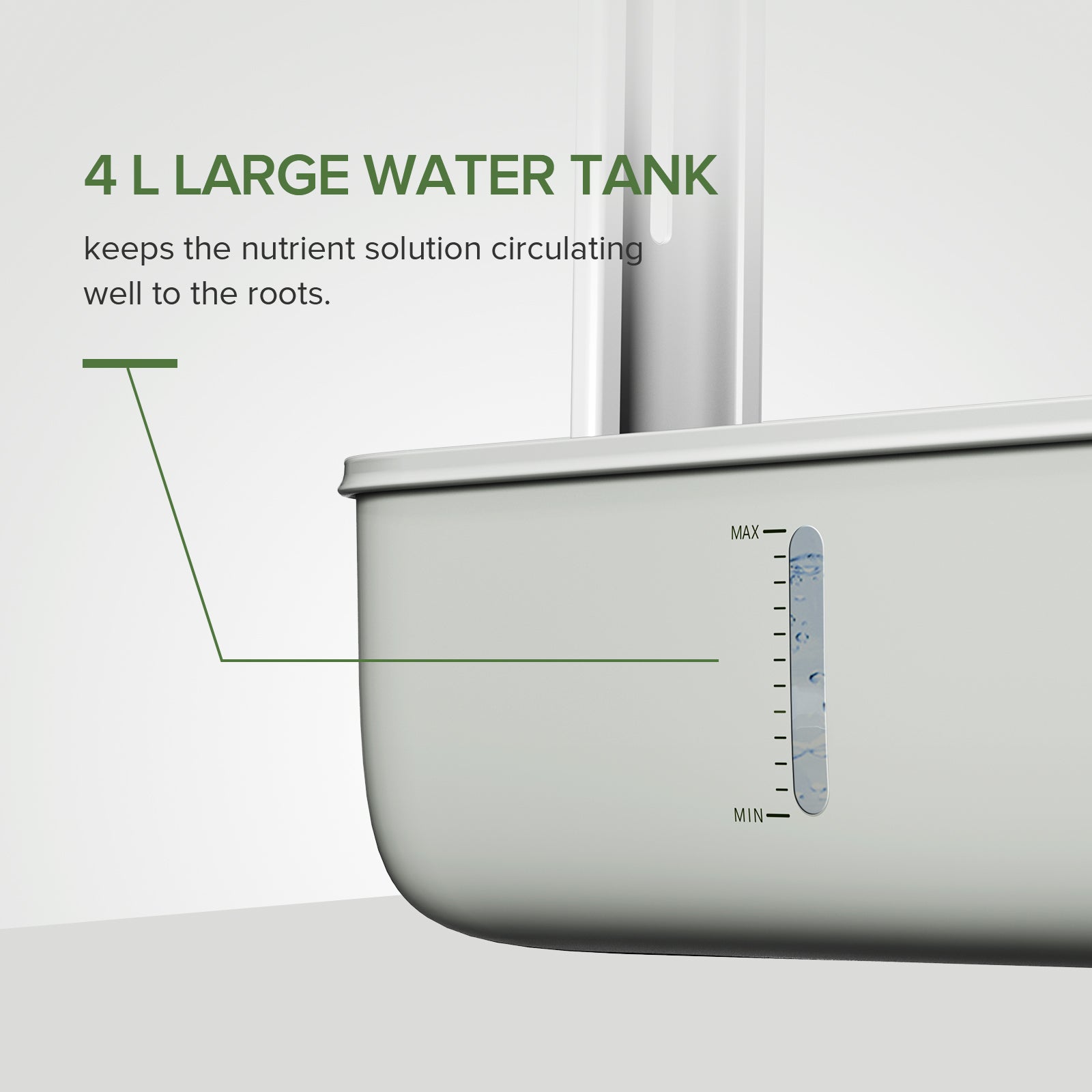 Hydroponics Growing System(US ONLY) has 4L large water tank，which keeps the nutrient solution circulatingwell to the roots.