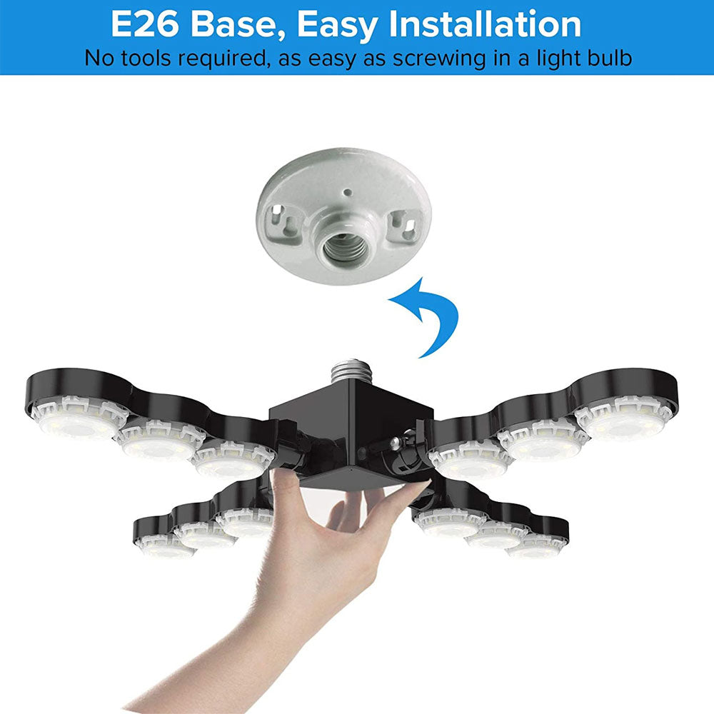 60W LED Garage Light (Folding Wings),E26 Base, easy installation.No tools required, as easy as screwing in a light bulb.