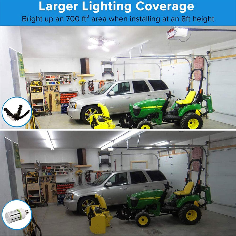 60W LED Garage Light (Folding Wings) has larger lighting coverage,Bright up an 700 ft' area when installing at an 8ft height.