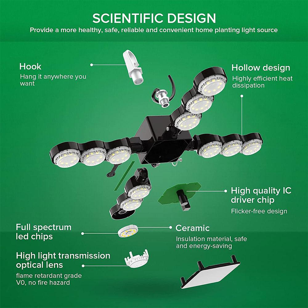 60W grow lamps for indoor plants with folding wings and hook, with hollow design, high quality IC driver chip, full spectrum led chips and high light transmission optical lens
