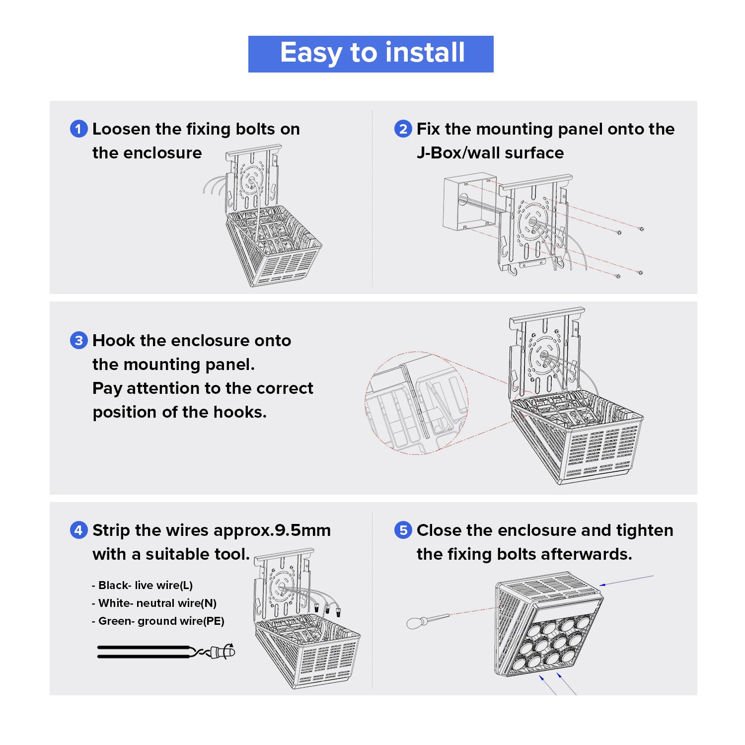 70W LED Wall Pack Light is easy to install.Installation guide.