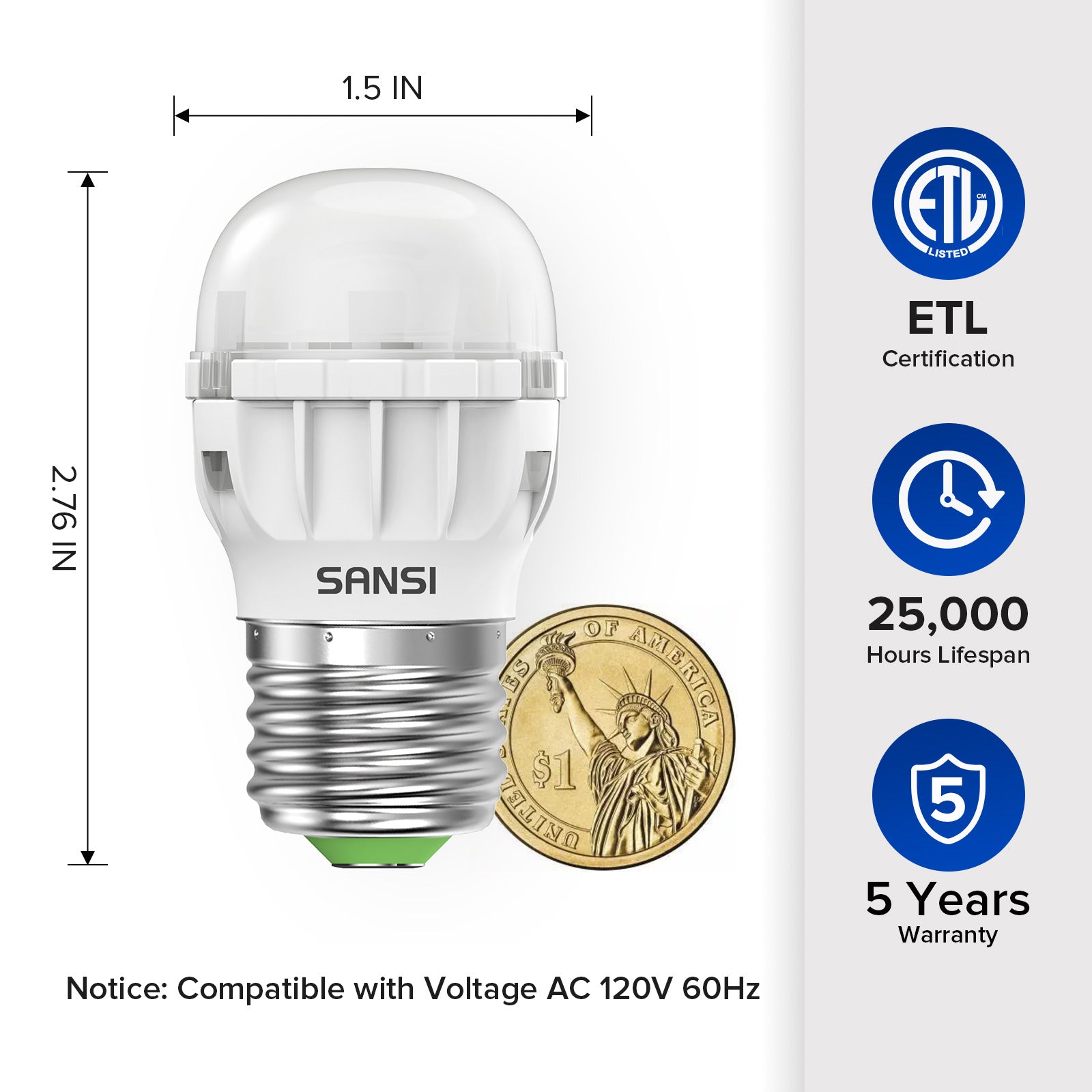  A11 7W LED Light Bulb has ETL certification, 25,000 hours lifespan and 5-year warranty