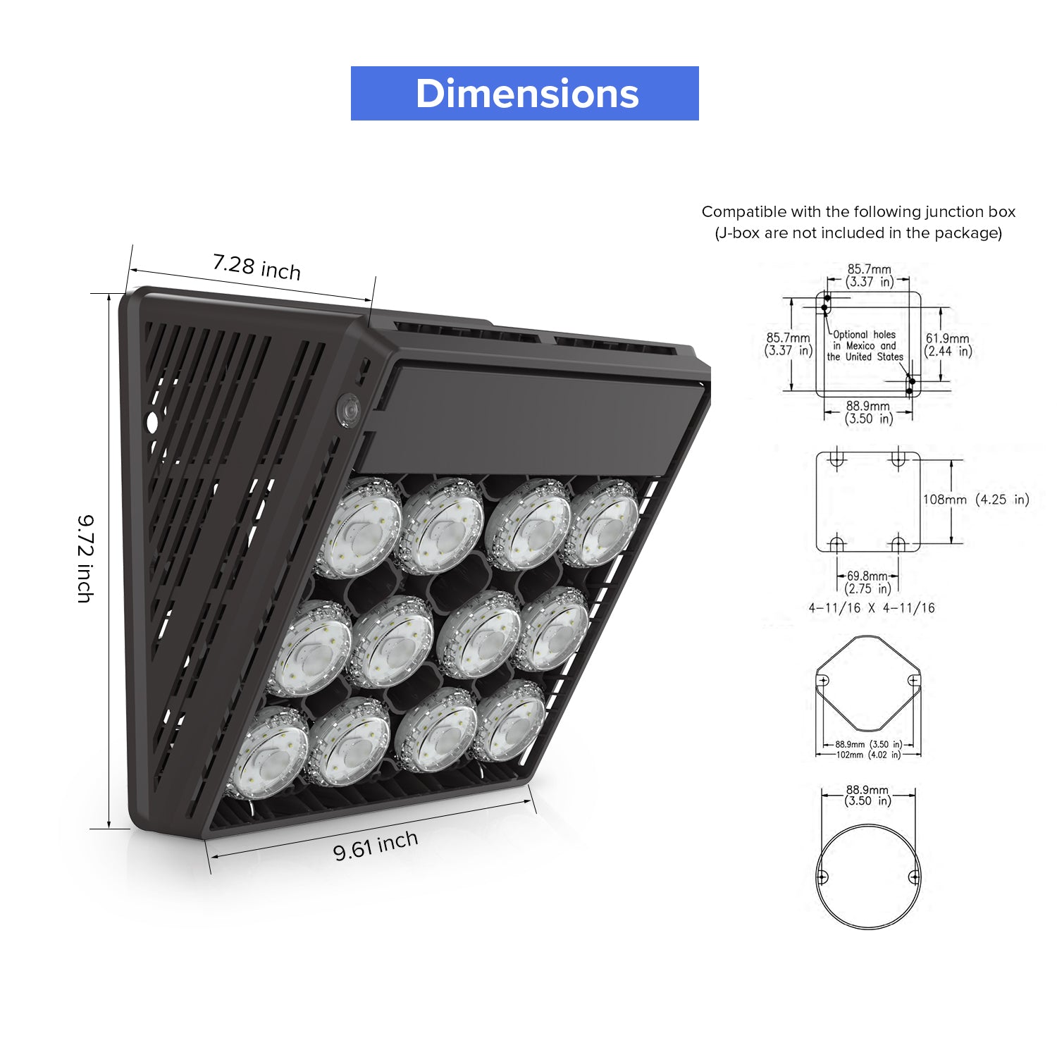 Dimensions of 70W LED Wall Pack Light.
